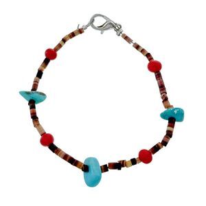 Vintage Silver Plated Turquoise Coral Shell Beaded Bracelet 6.25"